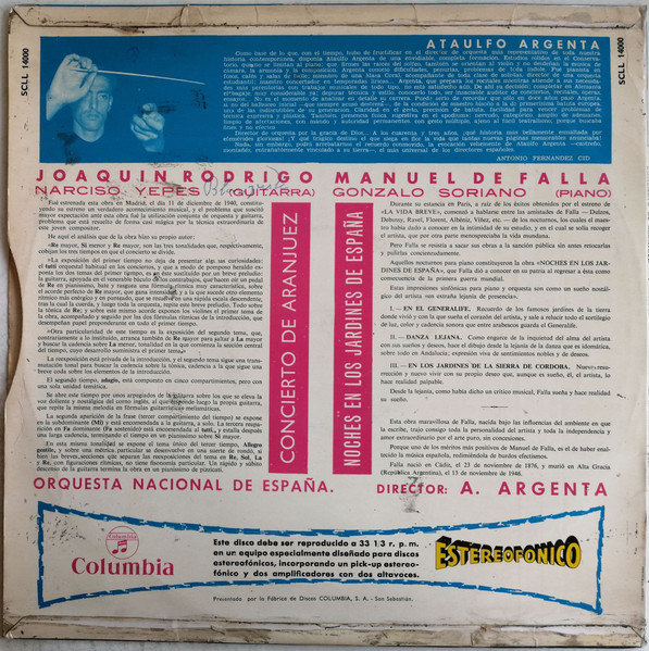 Joaquín Rodrigo , Narciso Yepes , Manuel de Falla , Gonzalo Soriano , Orquesta Nacional De España Director Ataúlfo Argenta - Concierto De Aranjuez / Noches En Los Jardines De España | Columbia (SCLL 14000) - 2